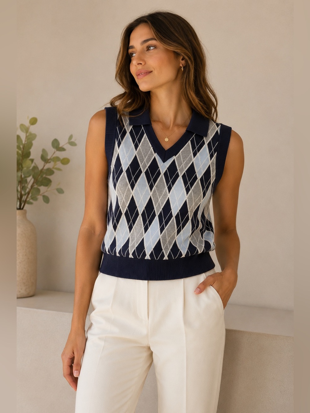 KANCY KOLE Argyle Sweater Vest Womens Small Preppy Navy Blue Golfcore Academia
